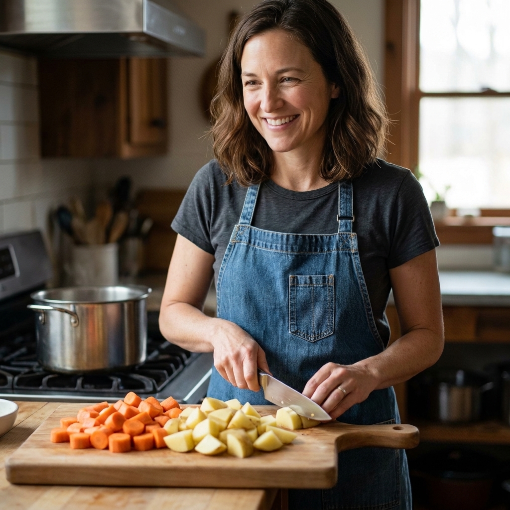 Evenly cut chunks of carrots and potatoes beside a chef's knife, ready for soup prep