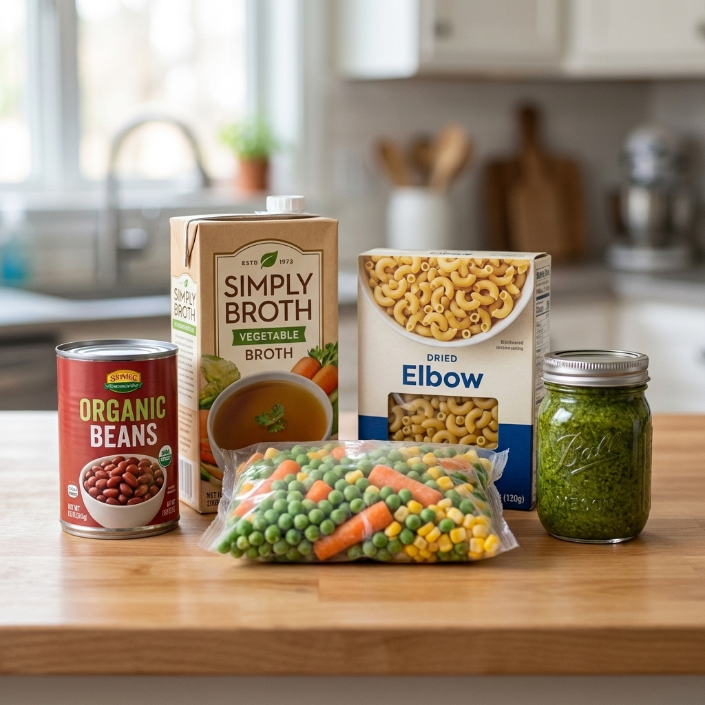 Five simple soup ingredients arranged on a kitchen counter including canned beans, broth carton, frozen vegetables, pasta, and a jar of pesto