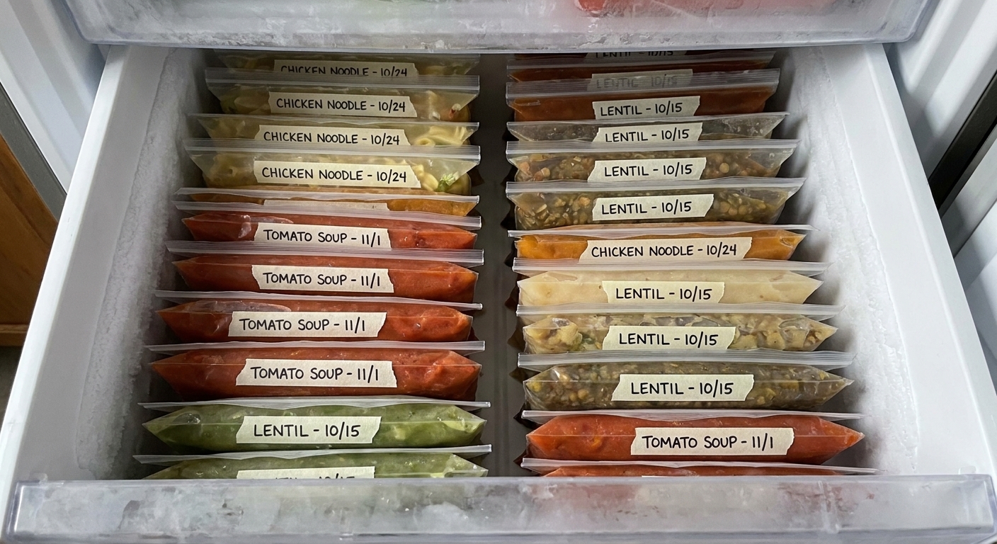 Flat frozen soup portions in labeled freezer bags stacked neatly in a home freezer drawer