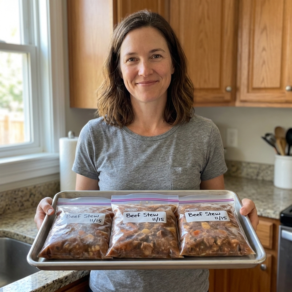 Flat, labeled freezer bags filled with stew laid on a baking sheet, ready to be stacked in the freezer