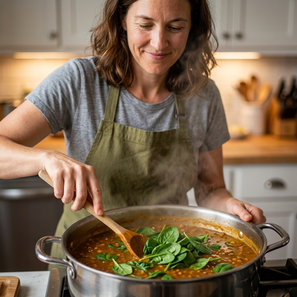 Fresh baby spinach being stirred into a hot vegetarian lentil stew just before serving, leaves beginning to wilt