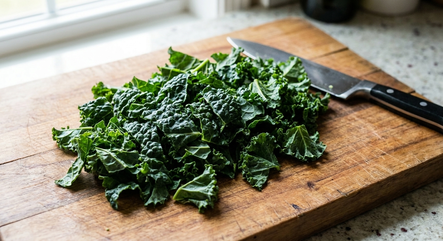 Fresh kale leaves on a cutting board with the thick center ribs removed and the leaves chopped into bite-size pieces