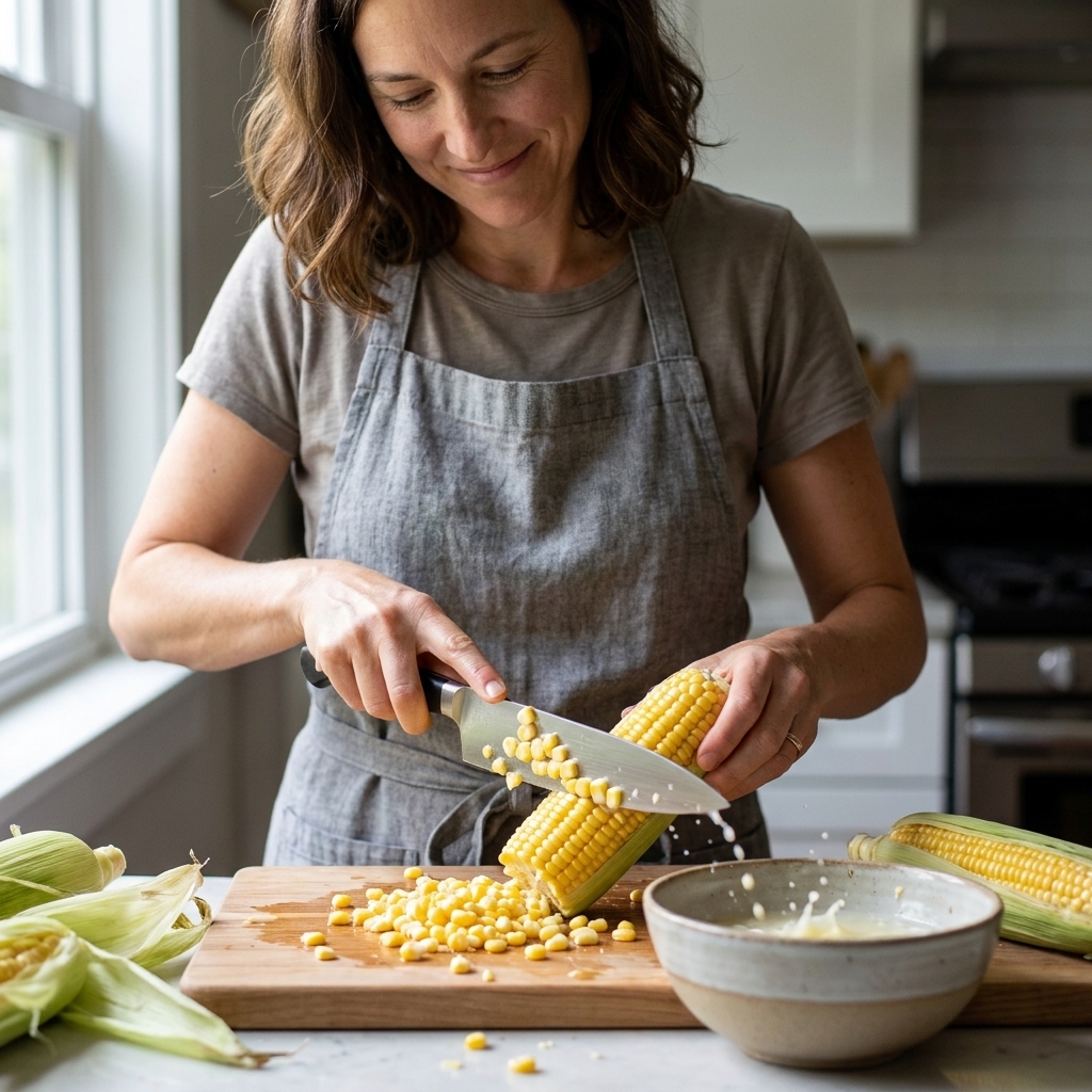 Fresh sweet corn kernels being sliced off the cob on a wooden cutting board with a chef's knife, with a bowl nearby catching the kernels and juices