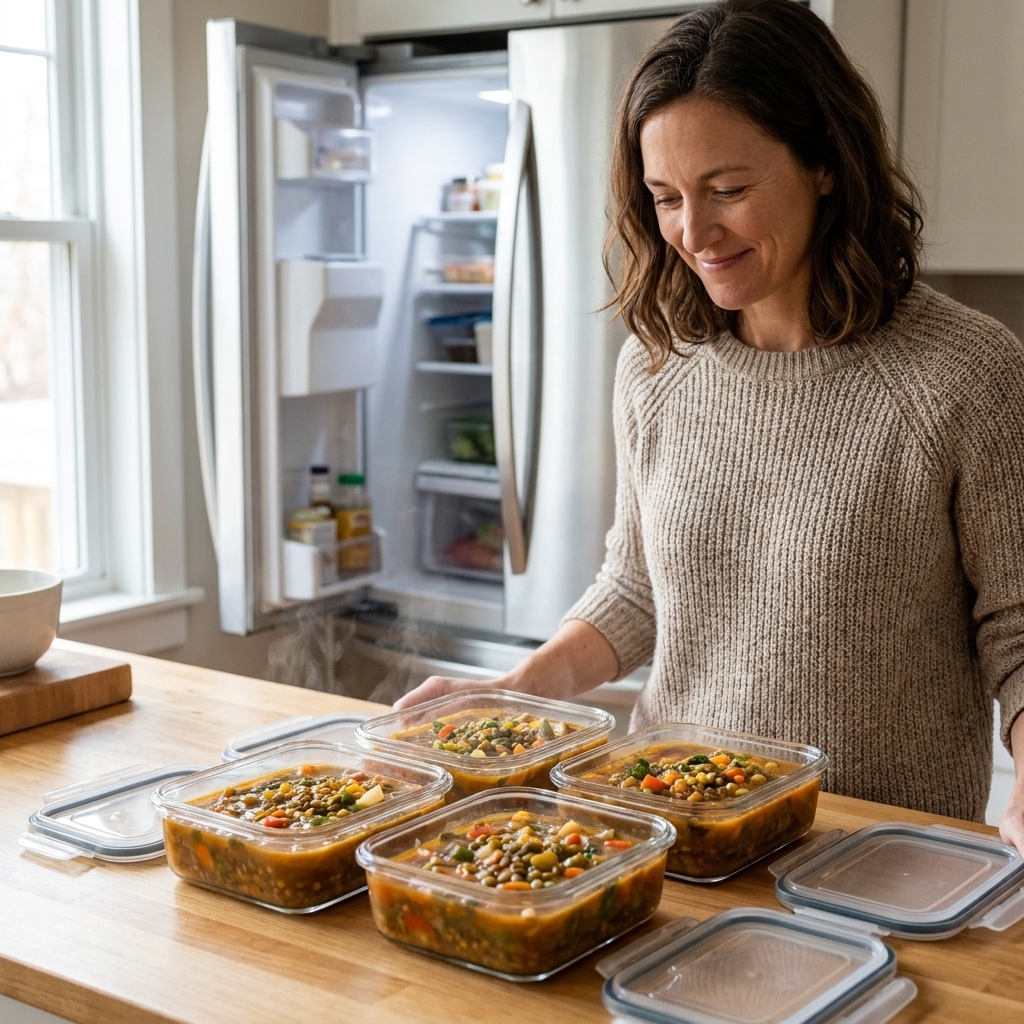 Glass meal prep containers filled with leftover soup on a countertop, lids off, ready to be refrigerated