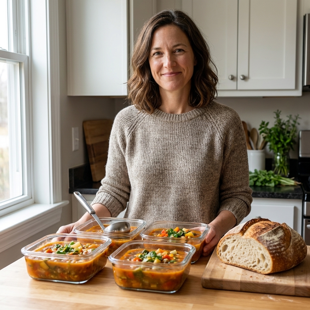 Glass meal prep containers filled with leftover vegetarian soup on a kitchen counter, with a ladle and a loaf of crusty bread nearby