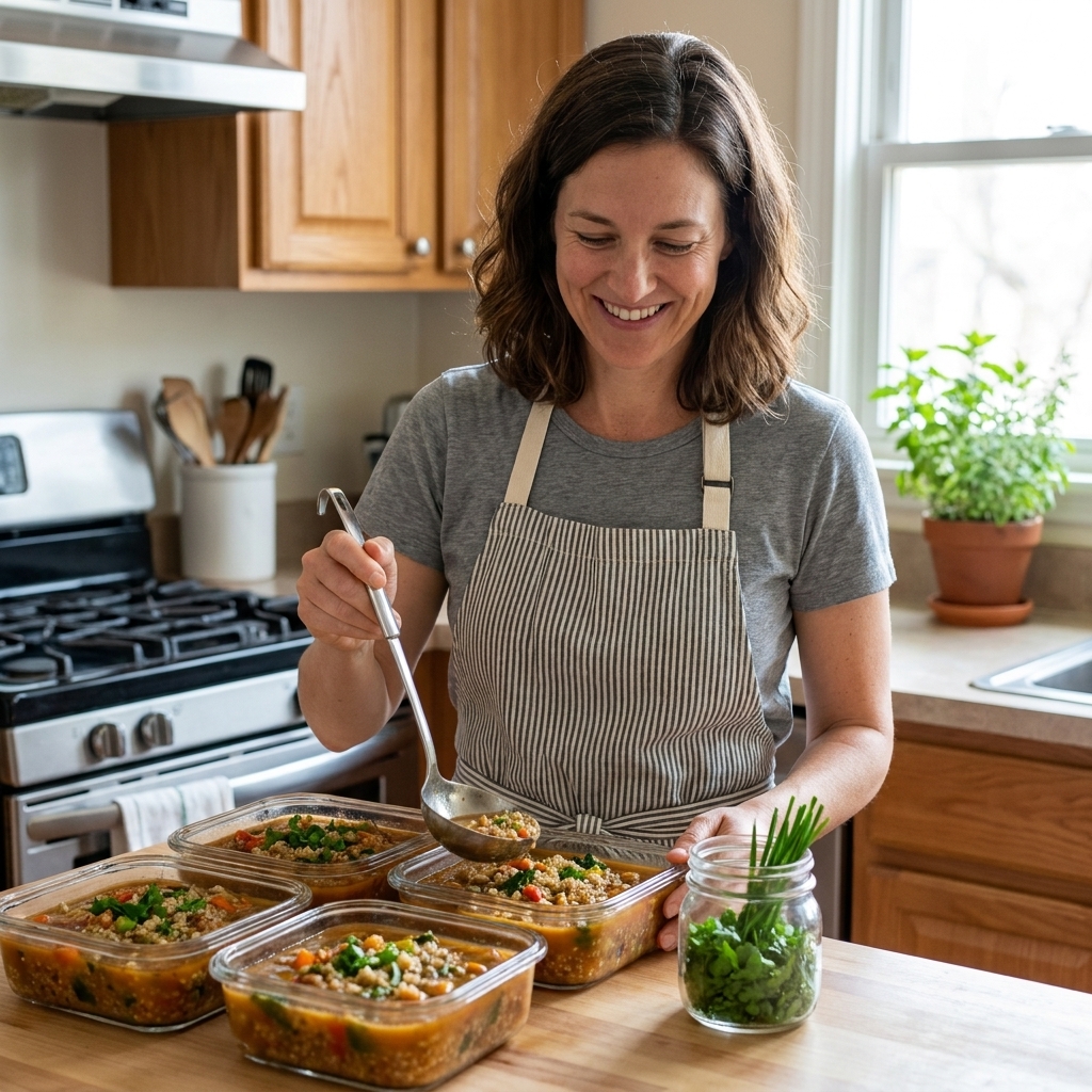 Glass meal prep containers filled with quinoa-based vegetable soup on a kitchen counter next to a ladle and a small jar of chopped herbs
