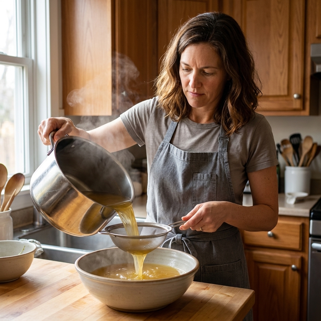 Golden ham bone broth being poured through a fine mesh strainer into a large bowl on a kitchen counter