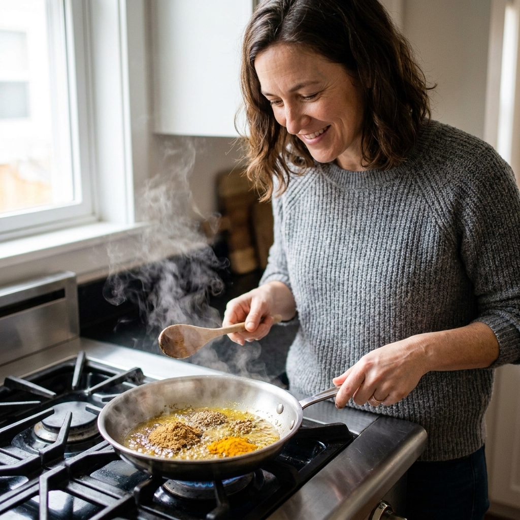 Ground spices sizzling in a thin layer of oil in a small pan, releasing aroma as they toast