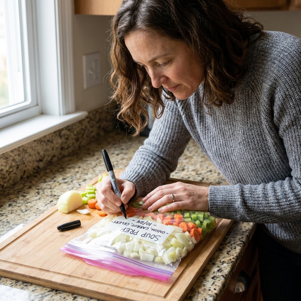Hands labeling a gallon freezer bag filled with chopped onions, carrots, and celery for soup meal prep on a wooden cutting board