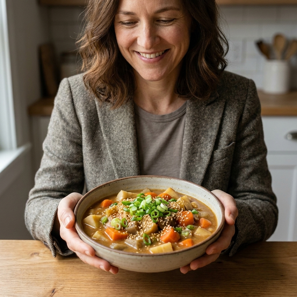 Hearty miso-based root vegetable stew with carrots and parsnips in a bowl, topped with sliced scallions and sesame seeds