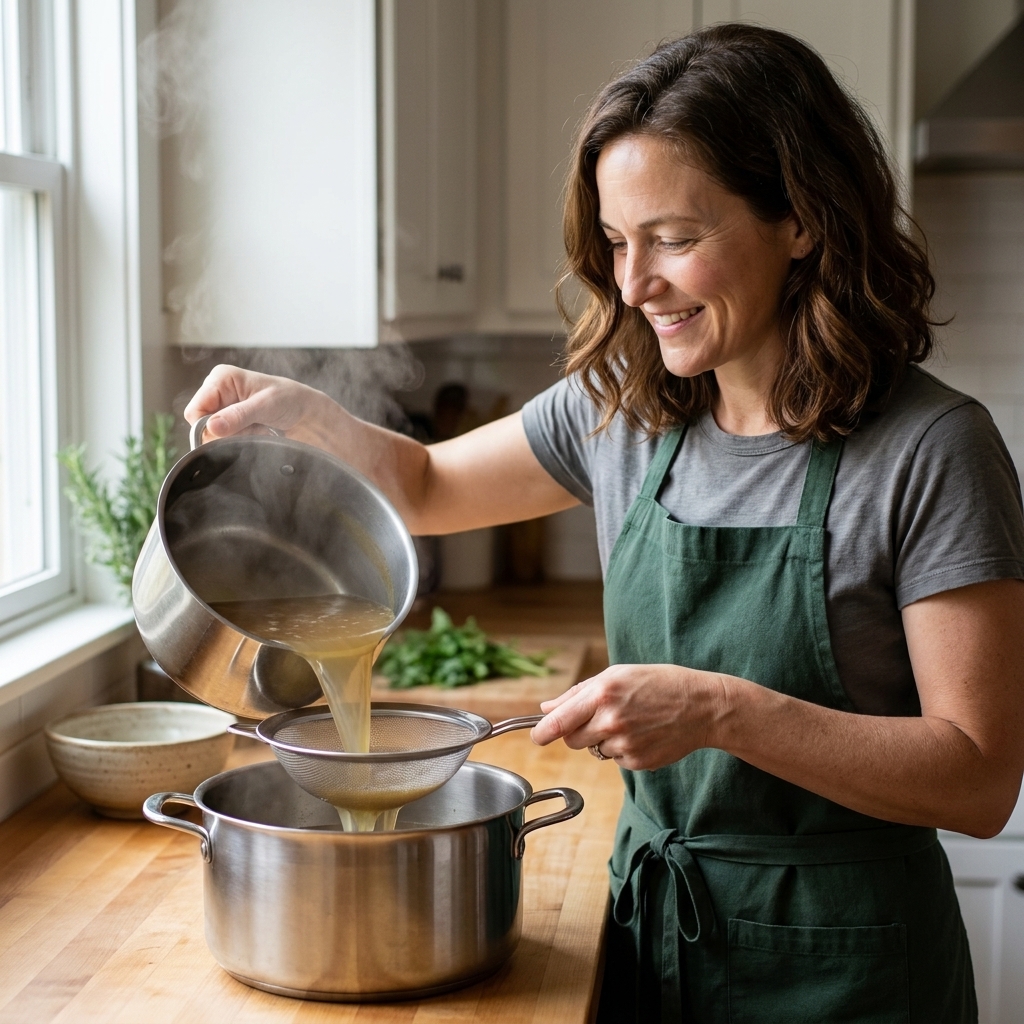 Hot bone broth being poured through a fine mesh sieve into a large stainless steel pot on a kitchen counter