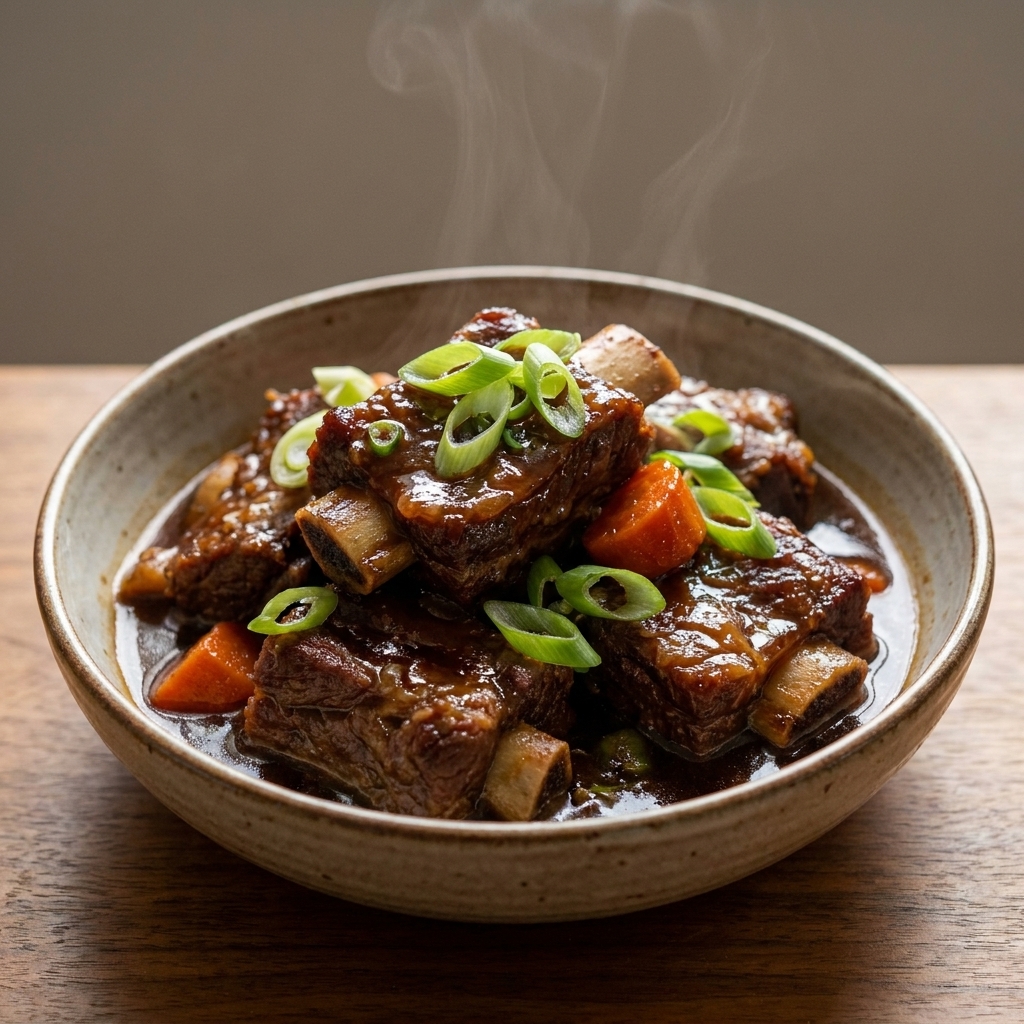 Korean-style braised short ribs in a dark glossy sauce with carrots and sliced green onions