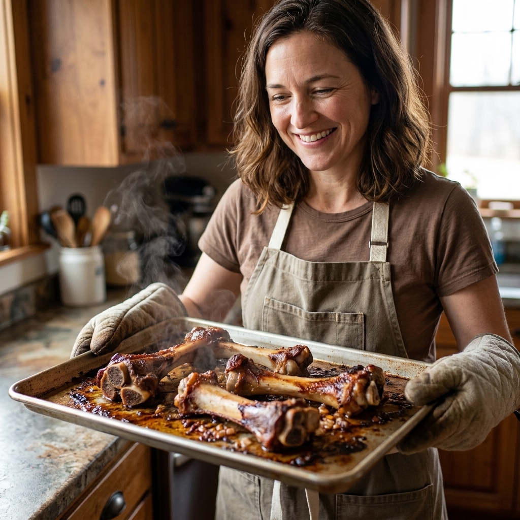 Roasted beef soup bones browned and caramelized on a rimmed baking sheet fresh from the oven