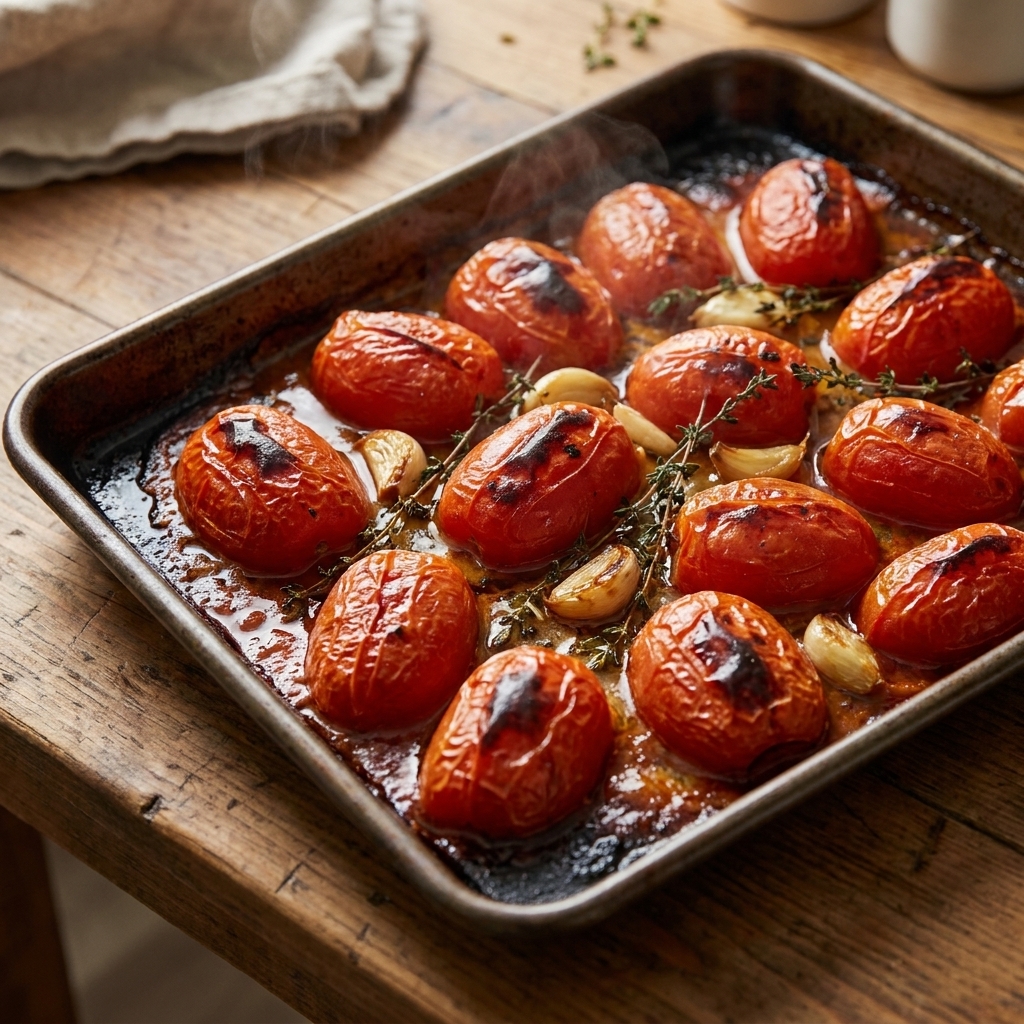 Roasted tomatoes and garlic on a rimmed sheet pan with browned edges and pooled tomato juices after coming out of the oven