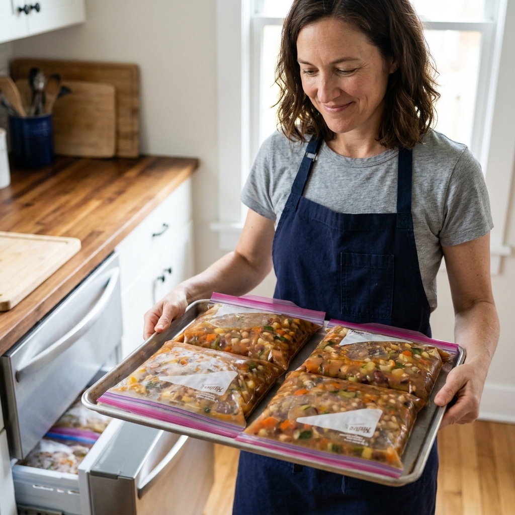 Several filled gallon freezer bags laid flat on a rimmed sheet pan ready to be placed in the freezer for soup meal prep