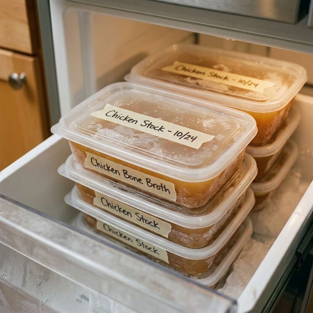 Several freezer containers filled with frozen chicken stock, labeled on the lids, stacked neatly in a home freezer drawer