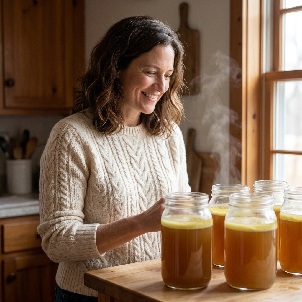Several glass jars filled with golden turkey broth cooling on a kitchen counter, with a shallow layer of fat beginning to rise to the top