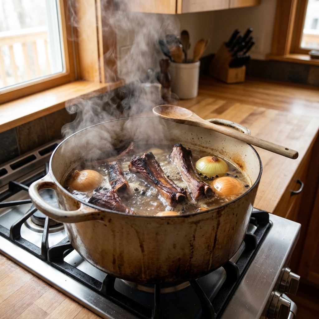Smoked rib bones simmering in a pot with onion halves and peppercorns, steam rising in a home kitchen