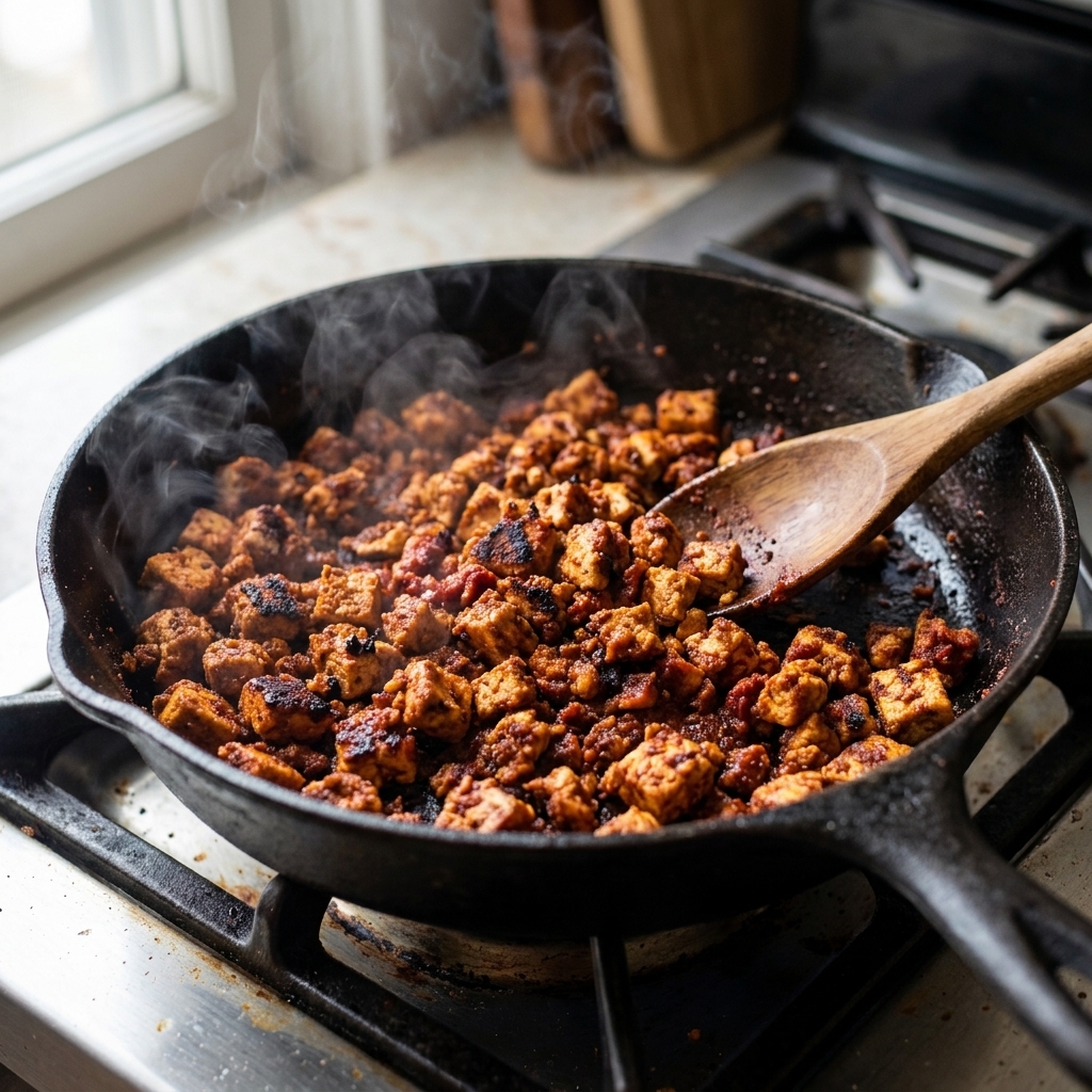 Smoky tofu crumbles browning in a skillet with tomato paste and spices, turning deep red and slightly crisp