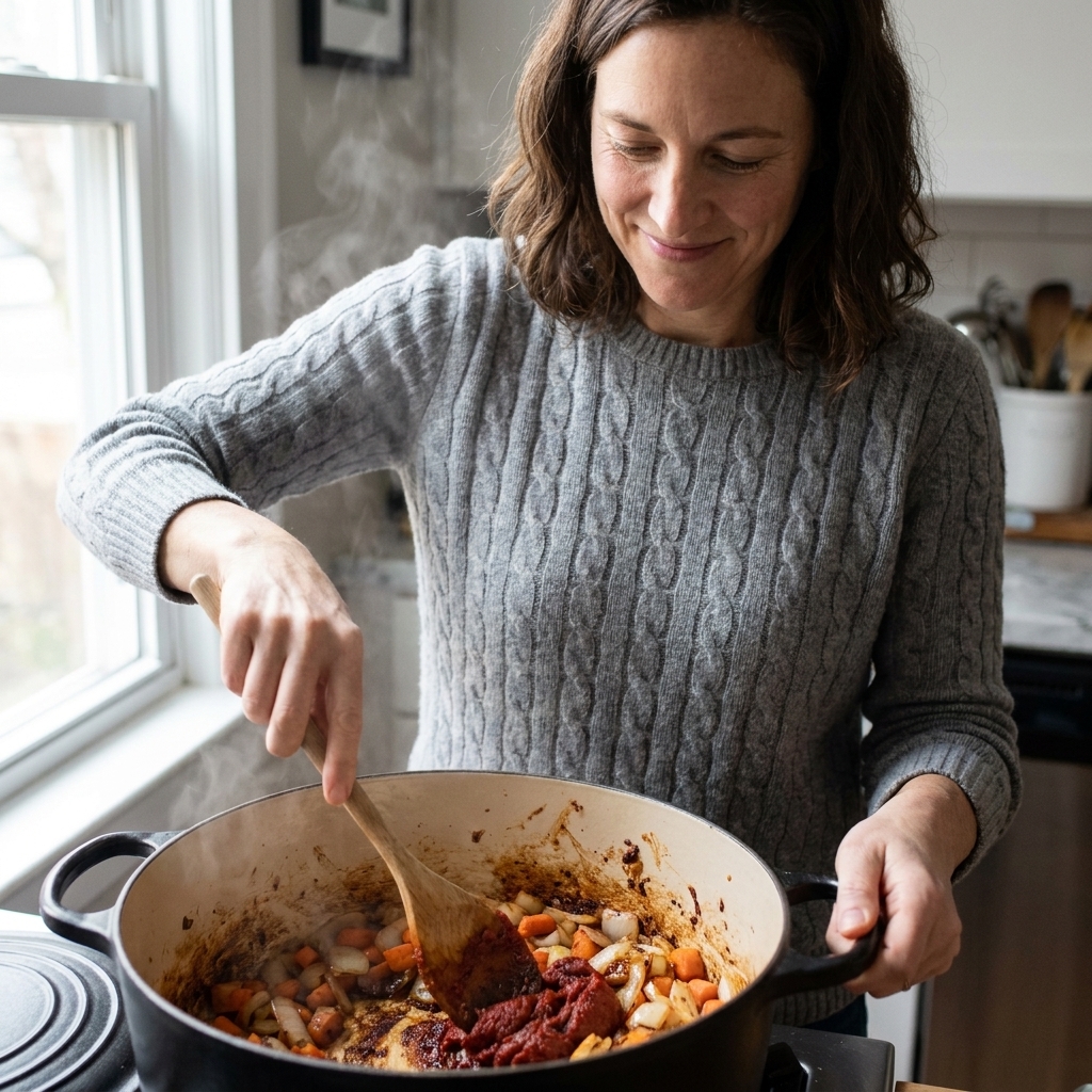 Tomato paste being stirred and browned in the bottom of a Dutch oven with softened onions and carrots, showing dark caramelized bits on the pot