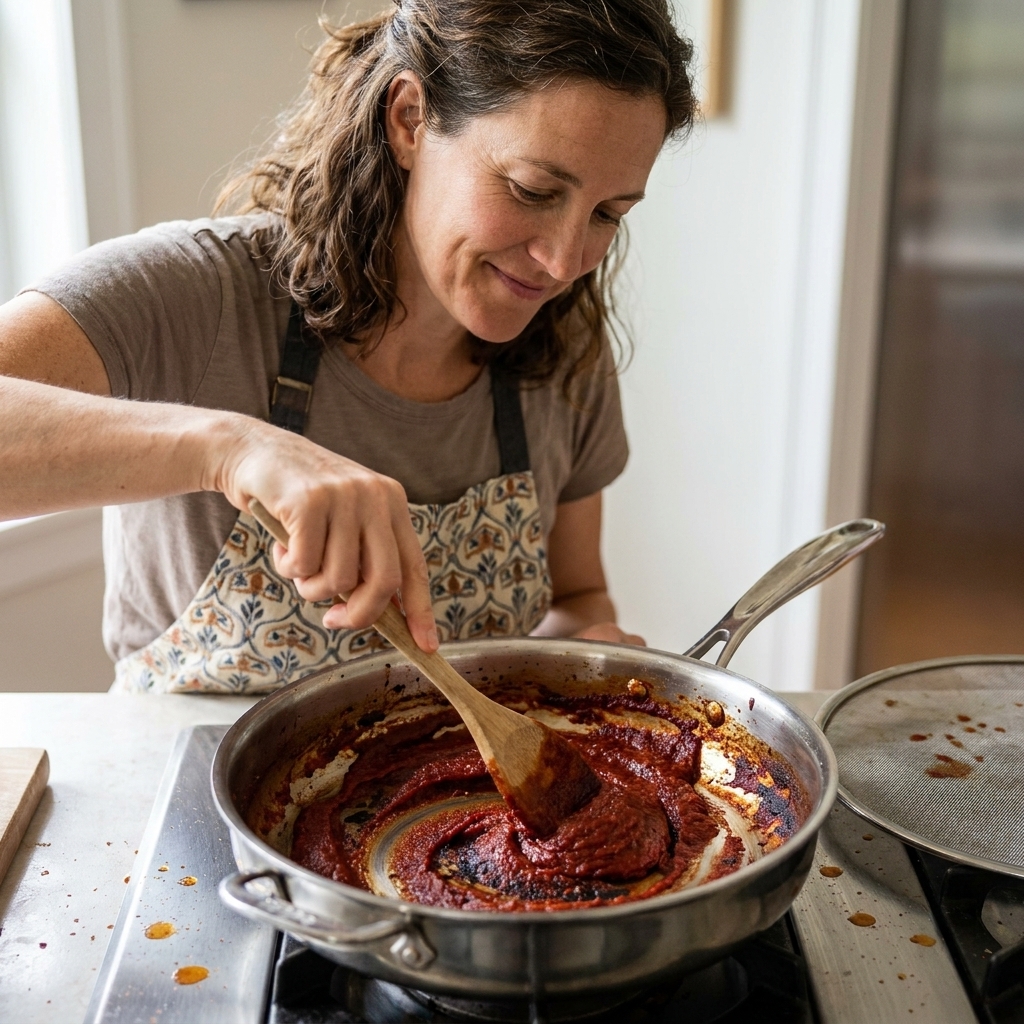 Tomato paste being stirred in a saute pan as it darkens slightly and sticks to the surface