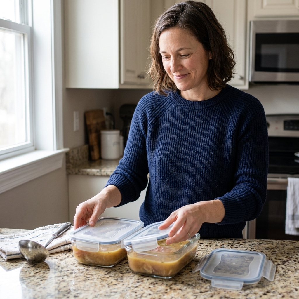 Two glass meal prep containers filled with cooled ham bone soup, lids beside them on a kitchen counter ready for the freezer