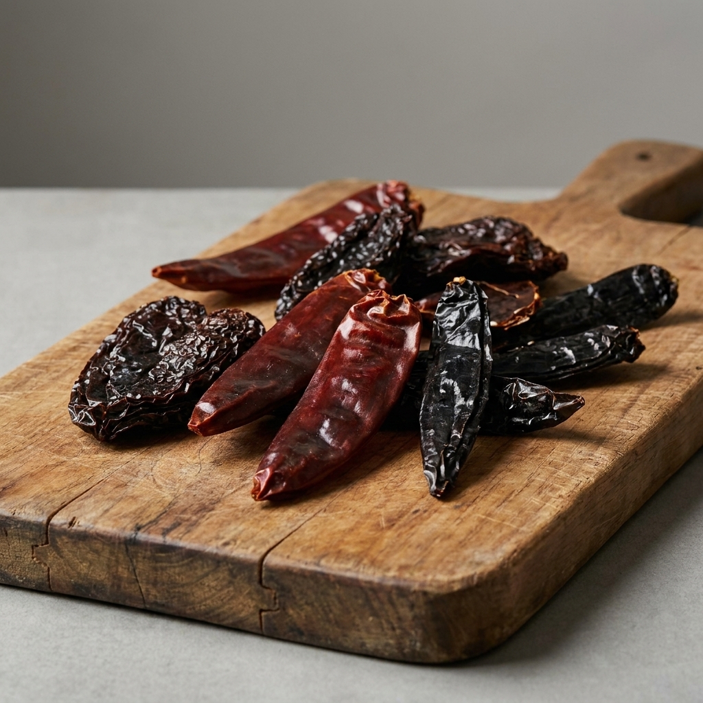 Whole dried ancho, guajillo, and pasilla chiles scattered on a cutting board with their stems removed
